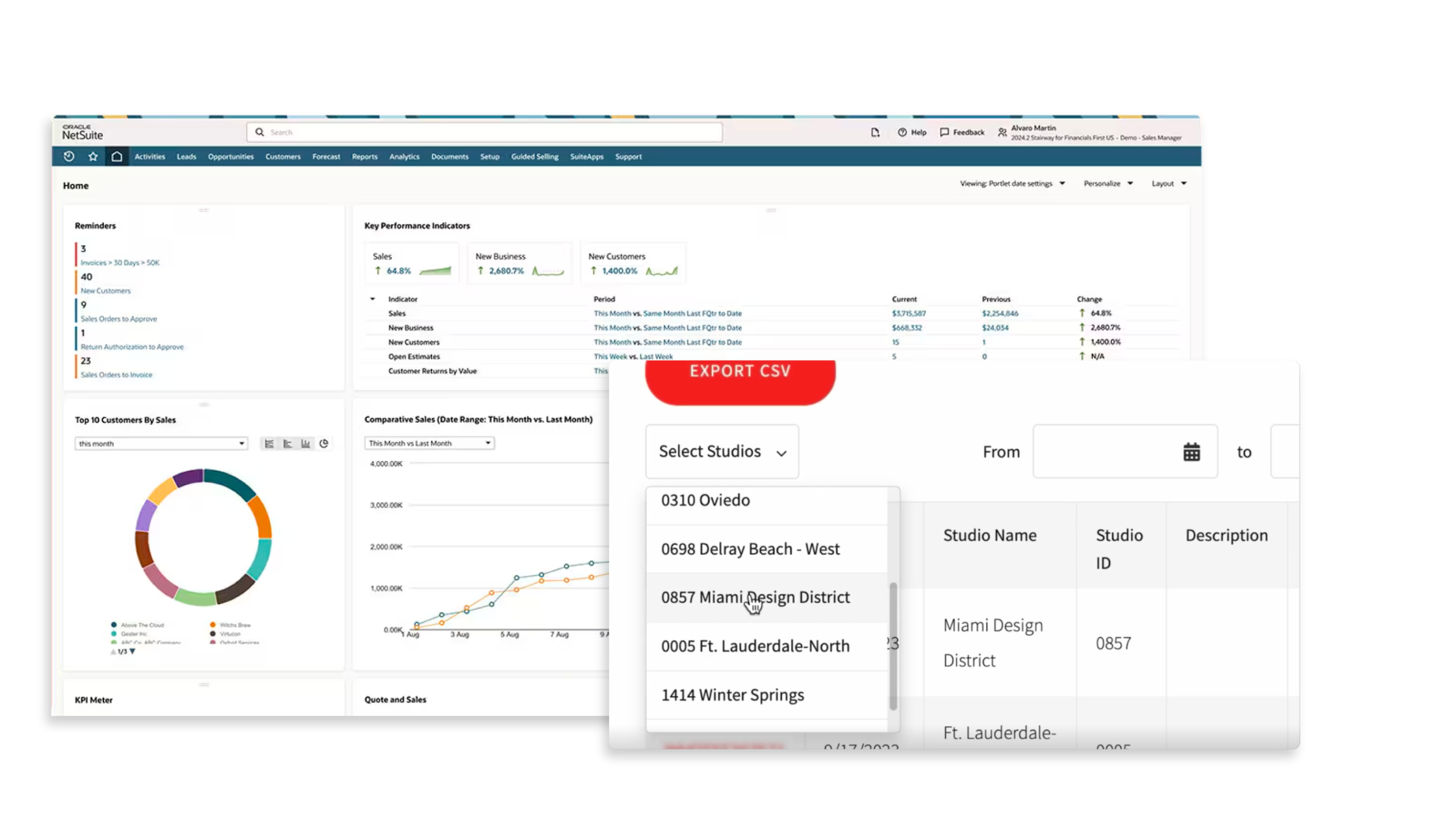 NetSuite franchise management dashboard showing sales performance metrics, customer data, and studio locations