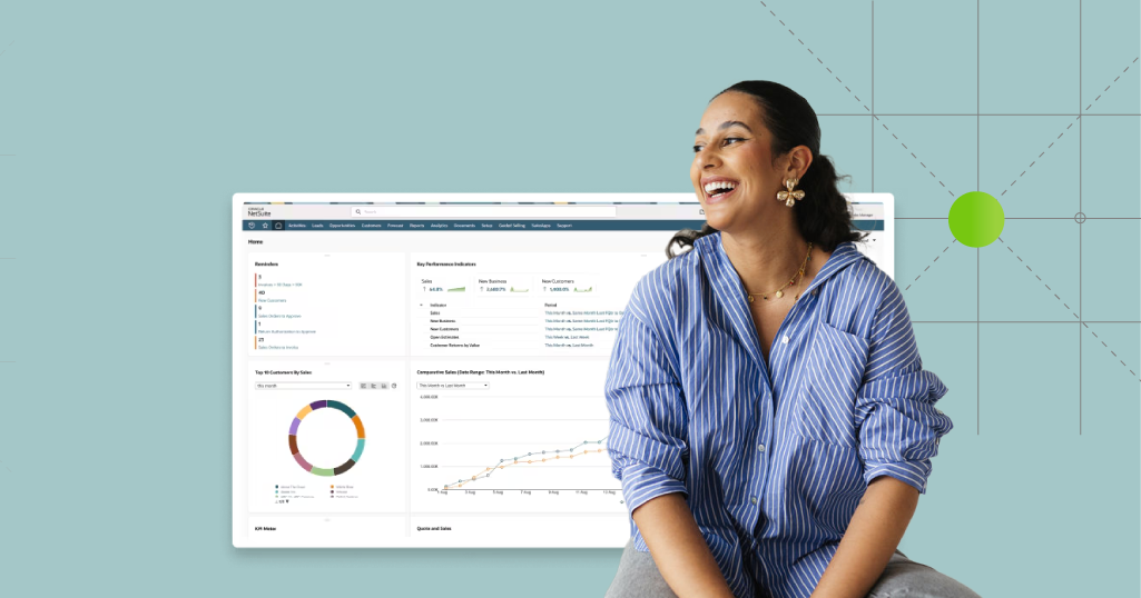 Businesswoman looking at optimized NetSuite dashboard displaying charts, graphs, and business analytics on monitor
