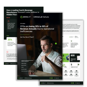 Bring IT Oracle NetSuite case study infographic showing food beverage manufacturer reduced operational inefficiencies from losing 20-30% revenue to 35% inventory accuracy improvement