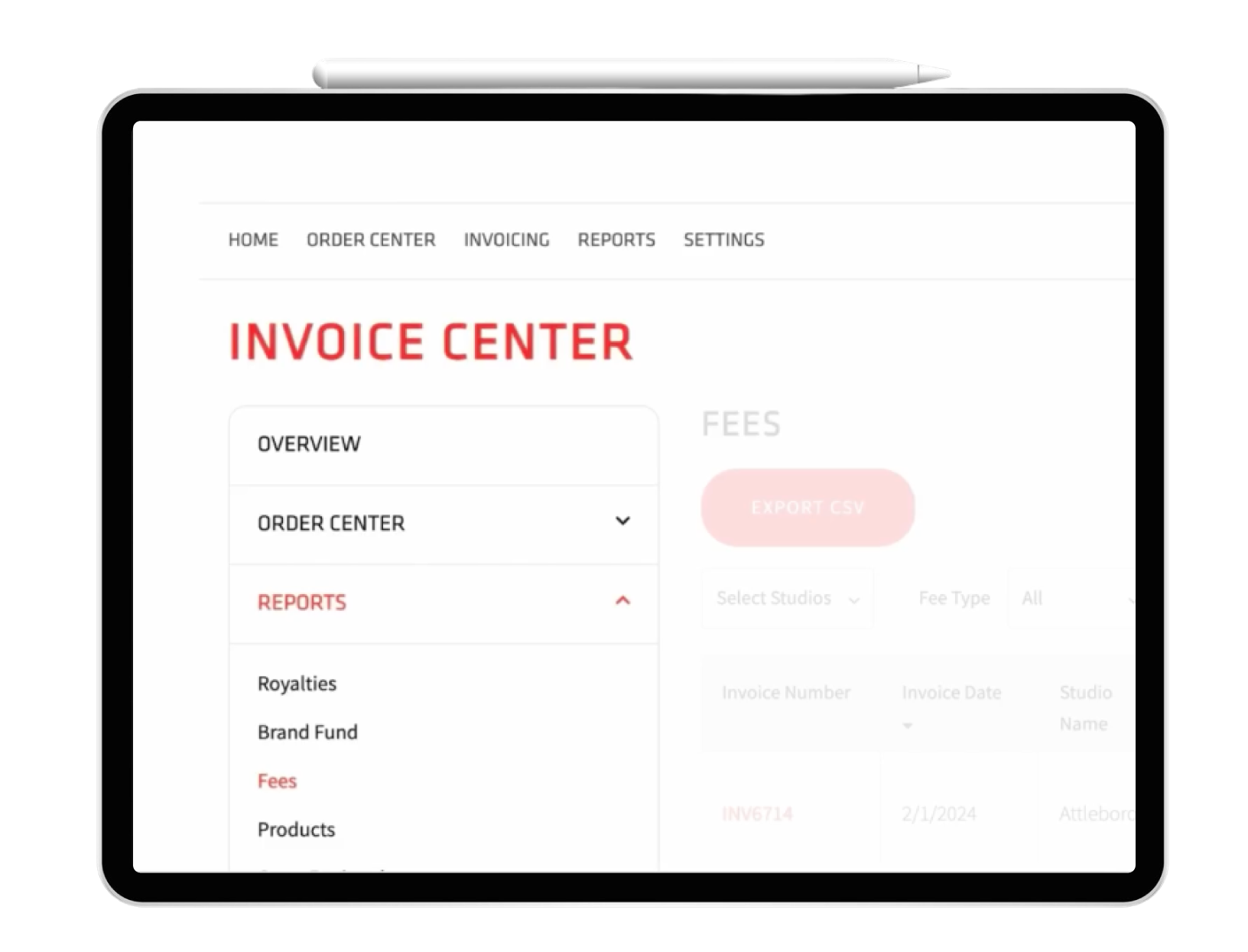 Invoice Center dashboard interface on tablet showing invoice management system with menu options and clean layout