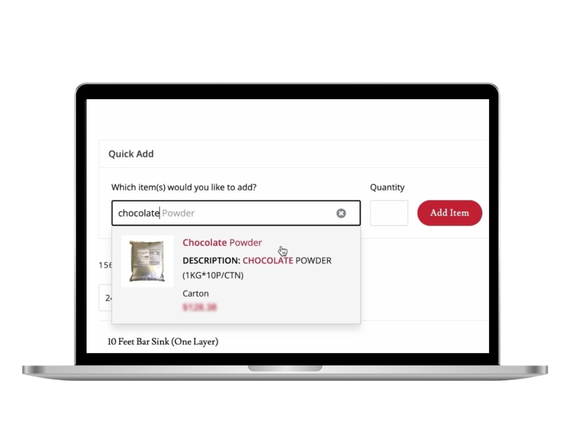 Quick add inventory interface on laptop showing chocolate powder product selection with quantity input and add item button for franchise inventory management
