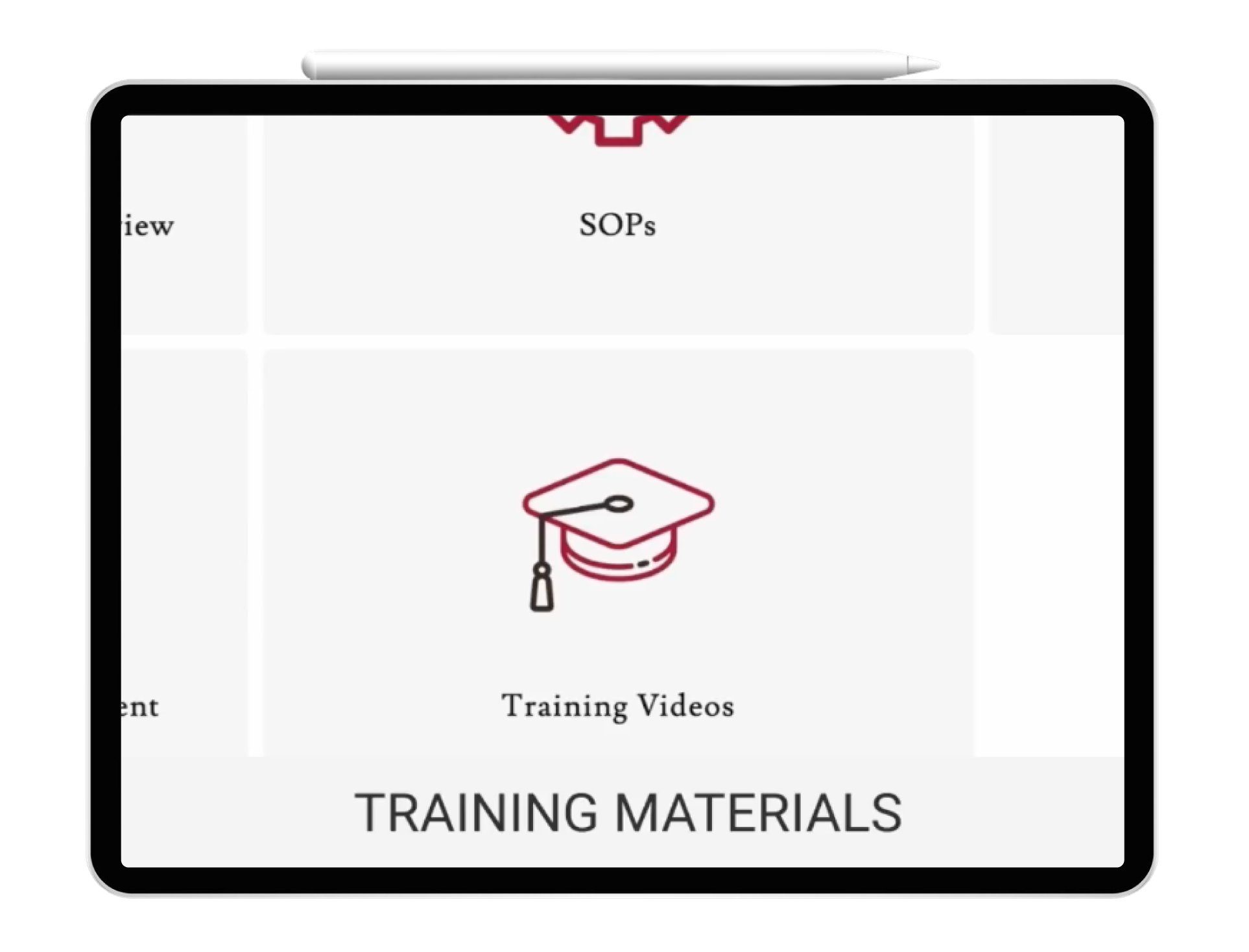 Training materials interface on tablet displaying graduation cap icon and training videos section for franchise education