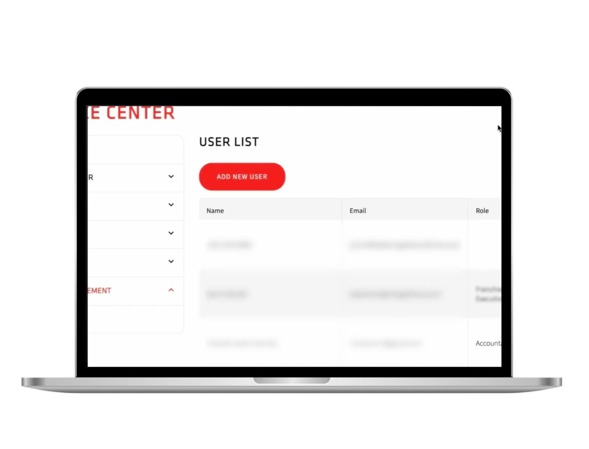 User list management screen on laptop showing add new user functionality with name, email, and role columns for franchise staff administration