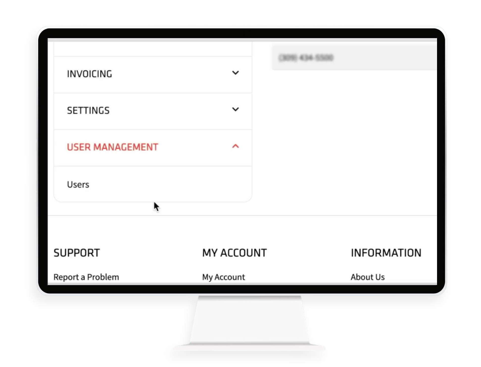System administration menu showing invoicing, settings, user management options with support and account sections for franchise management software