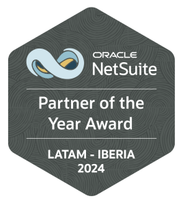 Oracle NetSuite Partner of the Year Award badge for LATAM-Iberia 2024, featuring the NetSuite logo on a dark hexagonal background with flowing wave patterns