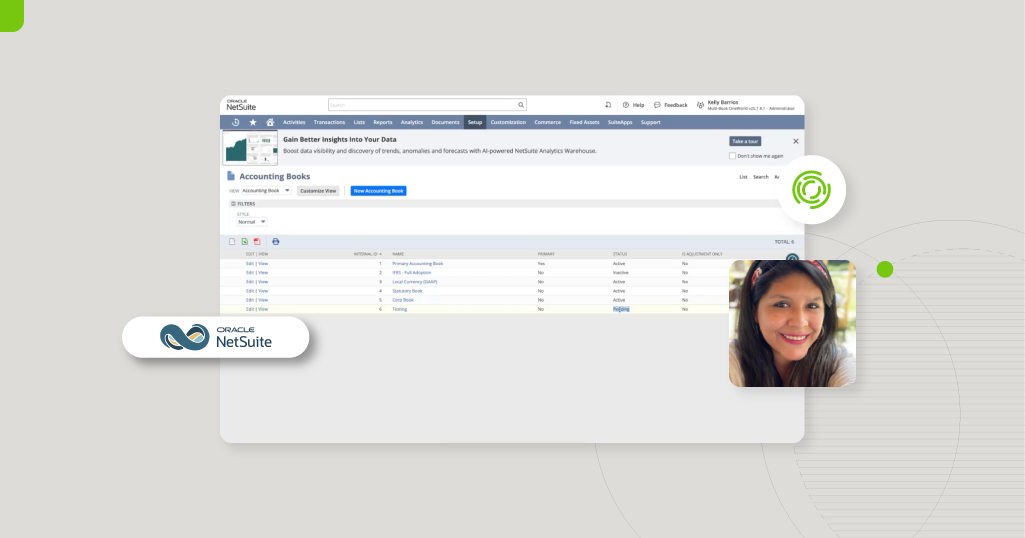 Screenshot of NetSuite’s accounting books dashboard with Kelly Barrios from Bring IT presenting a SuitePath Session on configuring Multi-Book Accounting for global compliance.