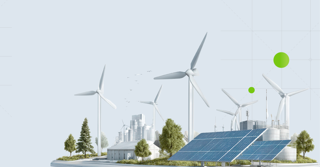 UK renewable energy operations showing wind turbines and solar panels with digital connectivity representing modern ERP systems solving operational challenges